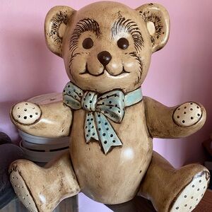 Adorable Tan Teddy Bear Figurine with Blue Bow Night Light